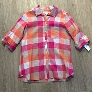 NWT Foxcroft Easy‎ Care Linen Tamara Check Top in Pink and Orange Size 8